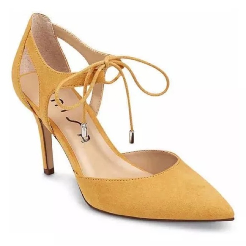 Unisa yellow heels with ankle ties, worn once! Size 8.5